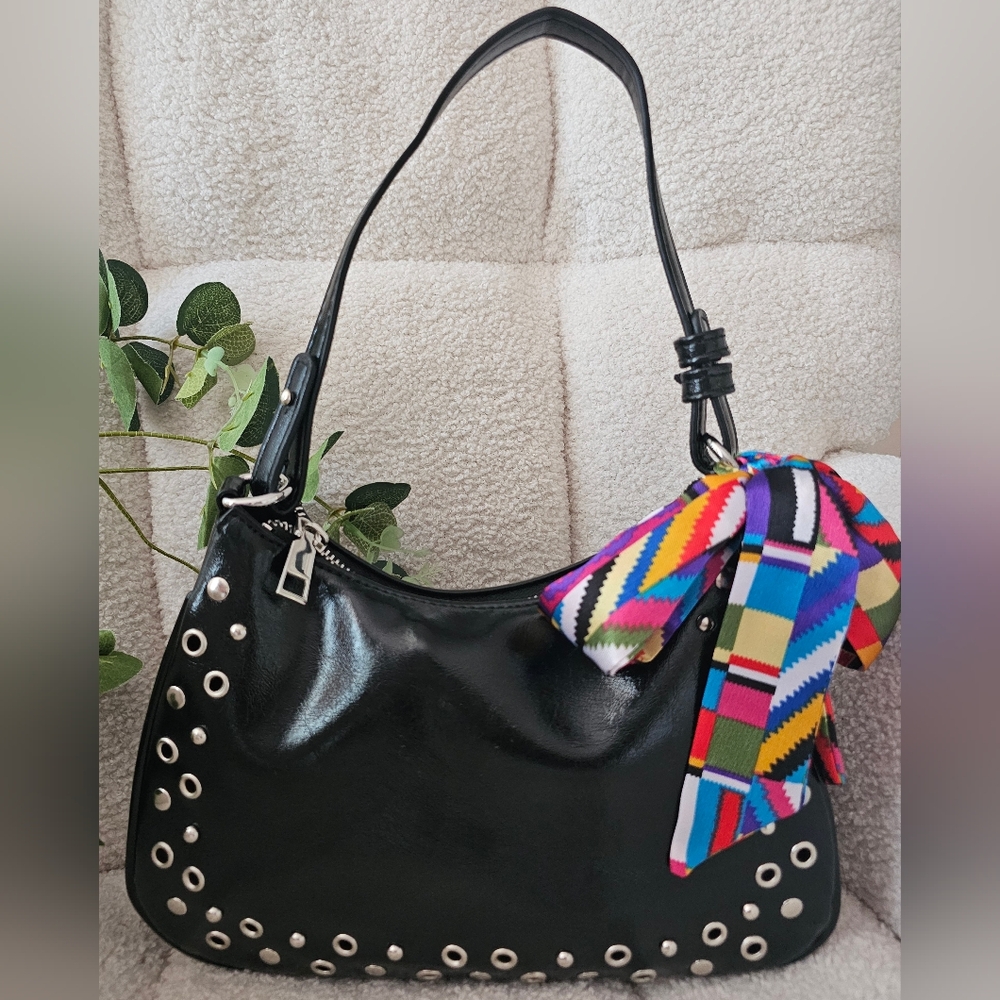 Black Studded Glam Shoulder Bag with Colorful Scarf Accent